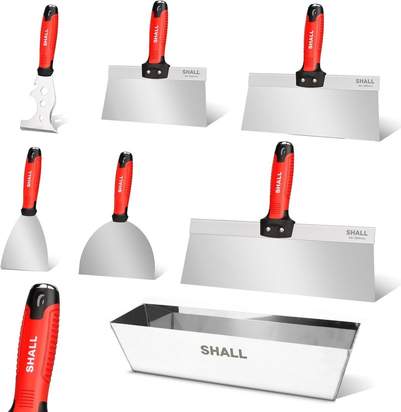 SHALL Drywall Tool Kit, 7 Pcs Stainless Steel Set Includes Putty Knife, Taping Knife, Painter Scraper Tool & 12" Mud Pan for Joint Taping, Finishing, Patching - Image 1